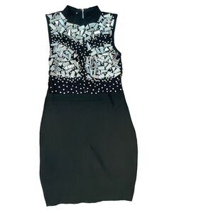 New bebe Dress XS Black rhinestone mini bodycon mock neck
